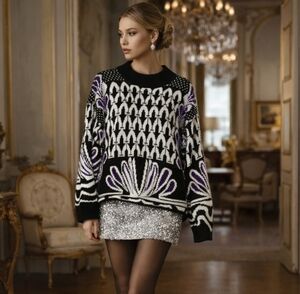 80s Abstract Geometric Knit Sweater Jumper Oversized Cozy Warm Vtg Womens L